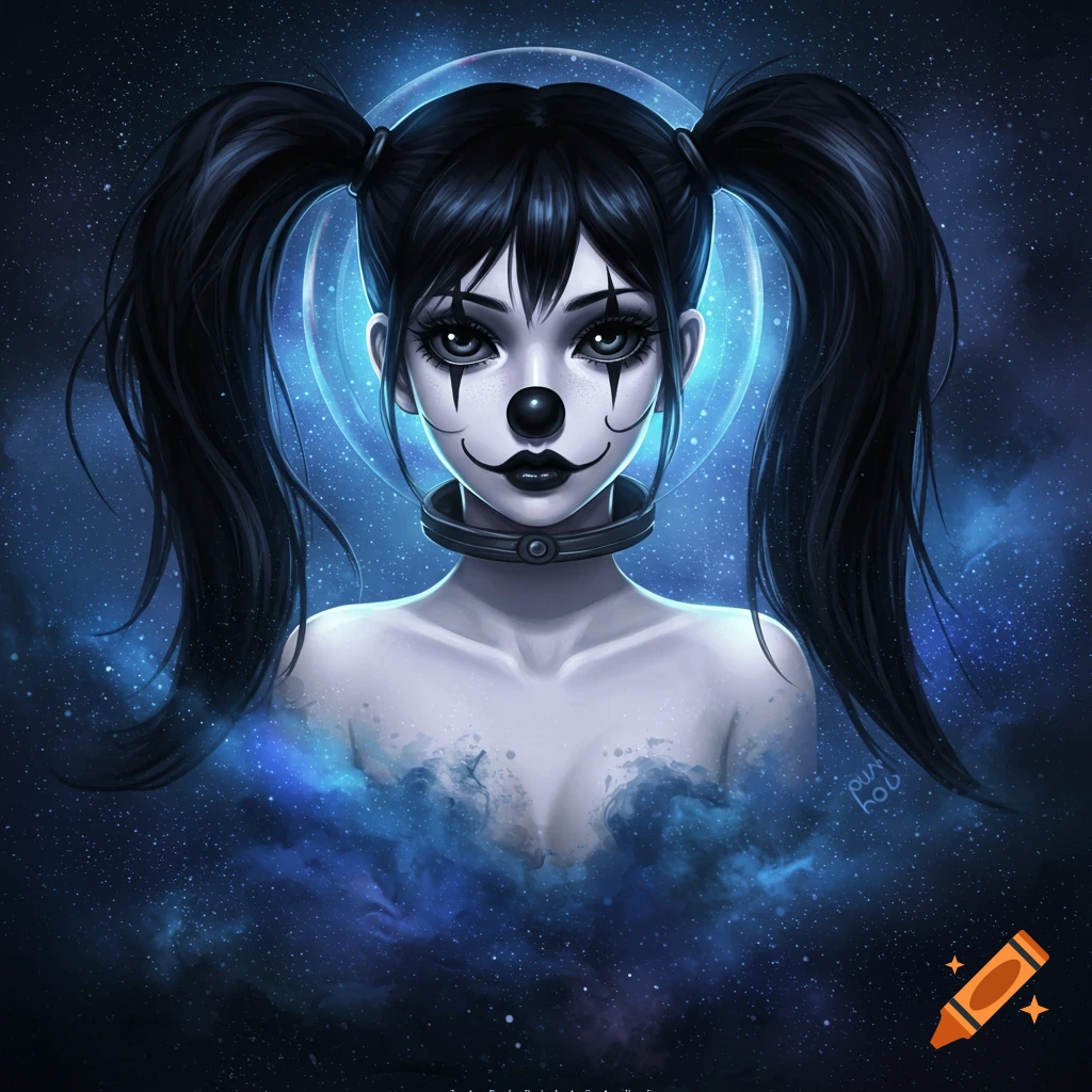 Digital art of an anime girl with black pigtails, clown makeup, paper-white skin, and a choker, set against a cosmic, starry blue background.