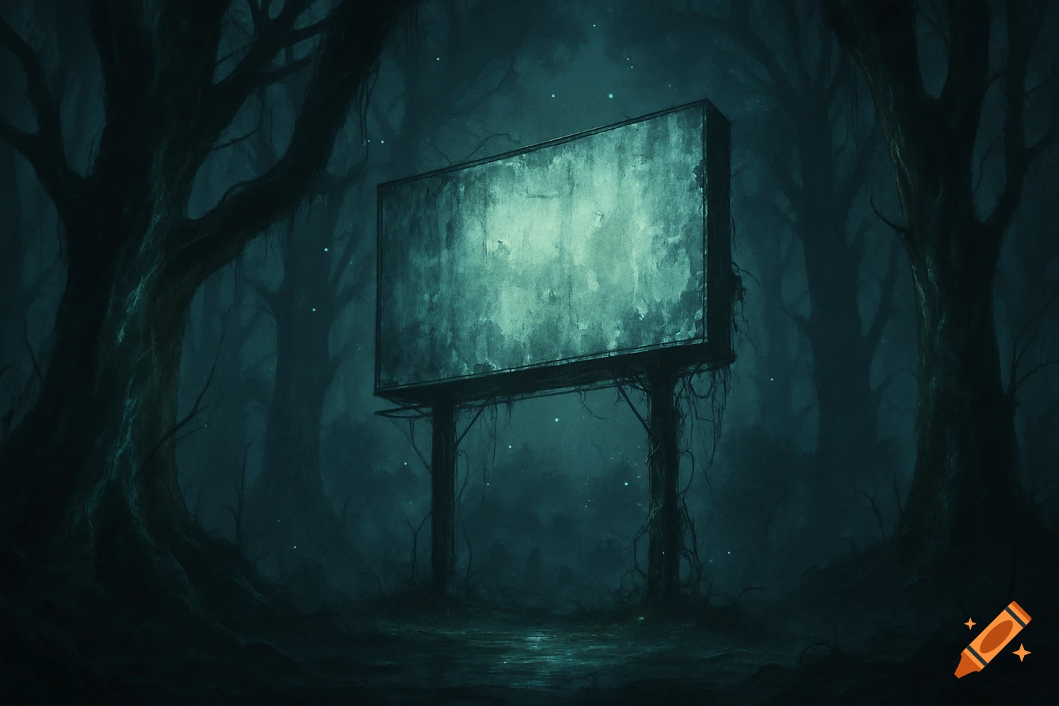 An empty, weathered billboard stands in a dark, gnarled haunted forest with eerie glowing specks, in a painterly style.