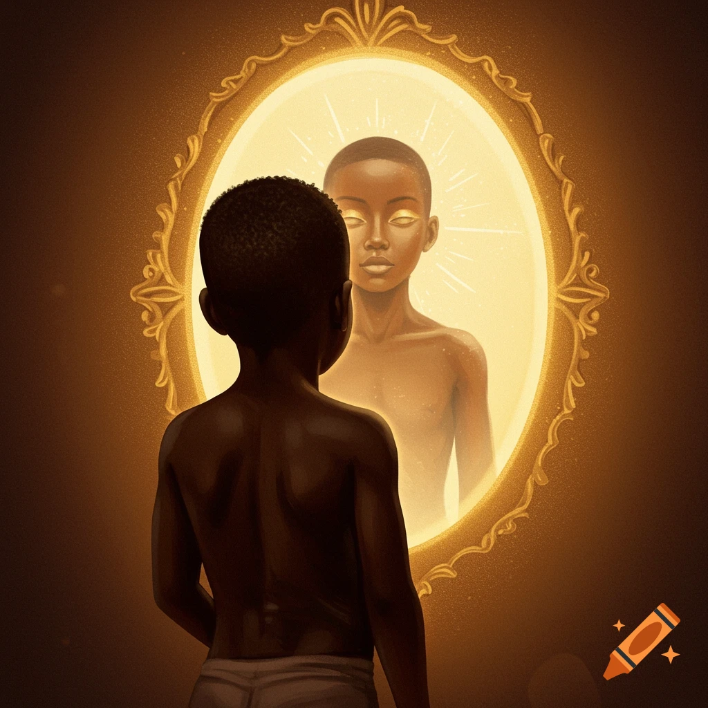 A smooth painted artwork of a child's back facing a glowing golden mirror, reflecting a radiant, confident figure.