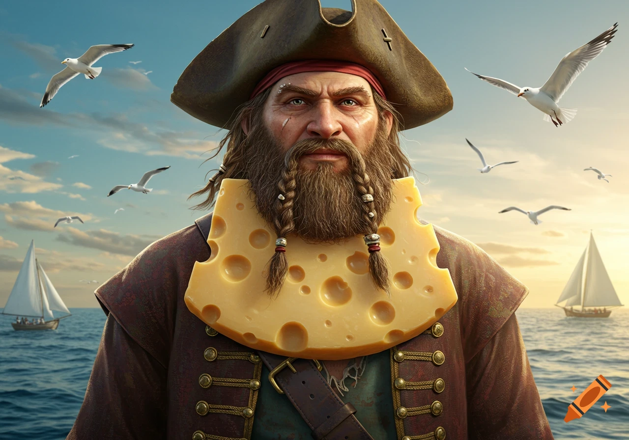 Photorealistic portrait of a bearded pirate wearing a Swiss cheese-shaped collar, at sea with sailboats and seagulls.