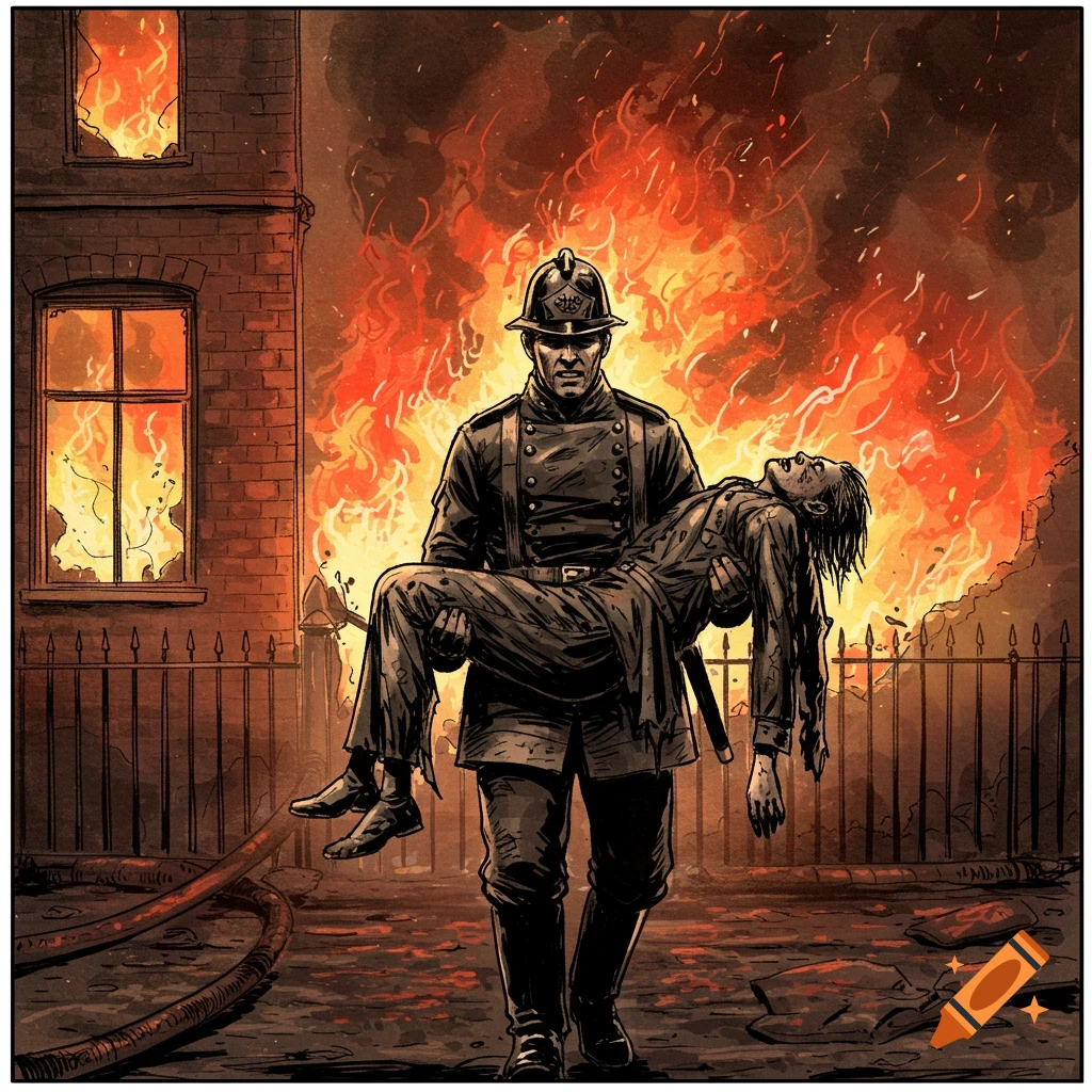A 19th-century British fireman in an artistic sketch style carries an injured person to safety from a burning building.
