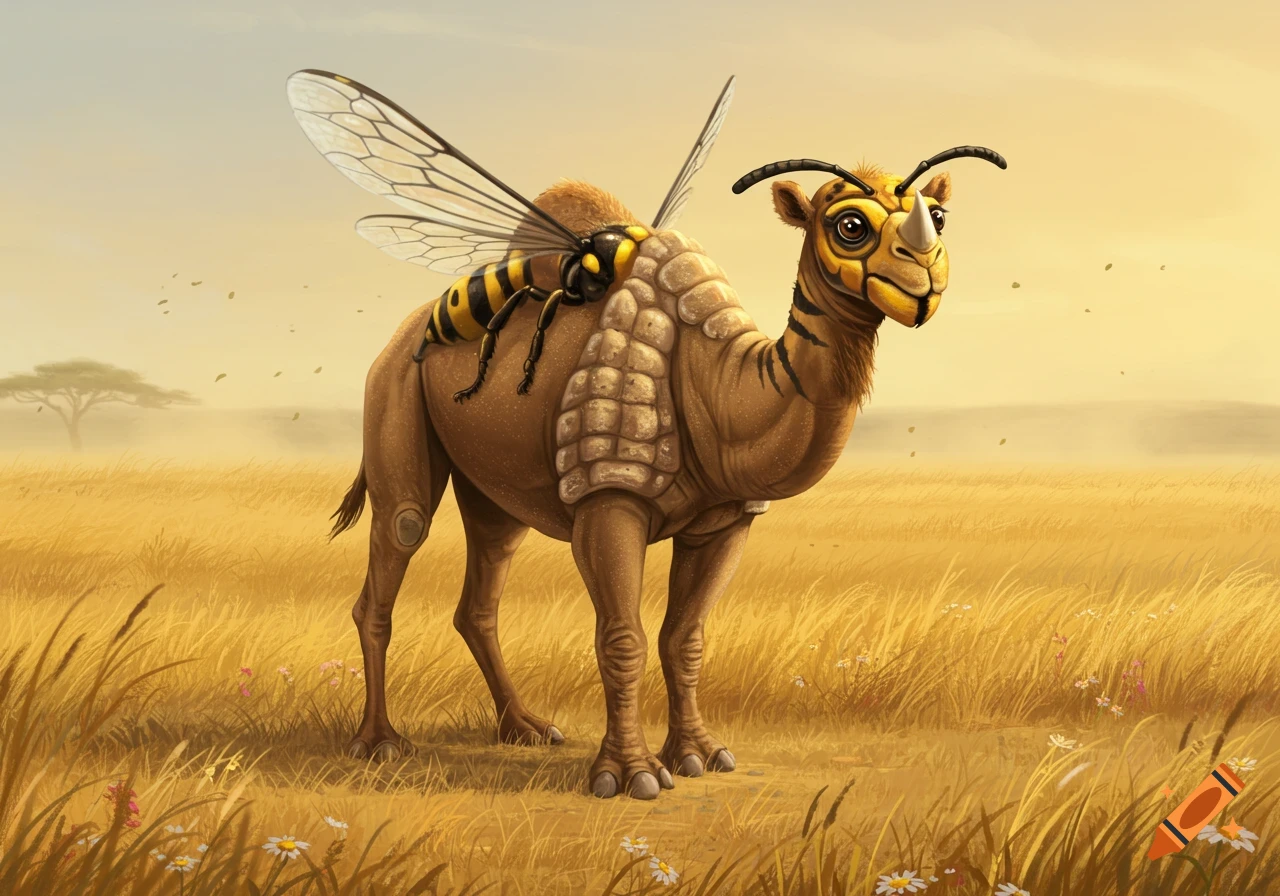 A cute, brown camel-hornet-rhino hybrid stands in a grassy savanna at sunset, with a tree in the distance.