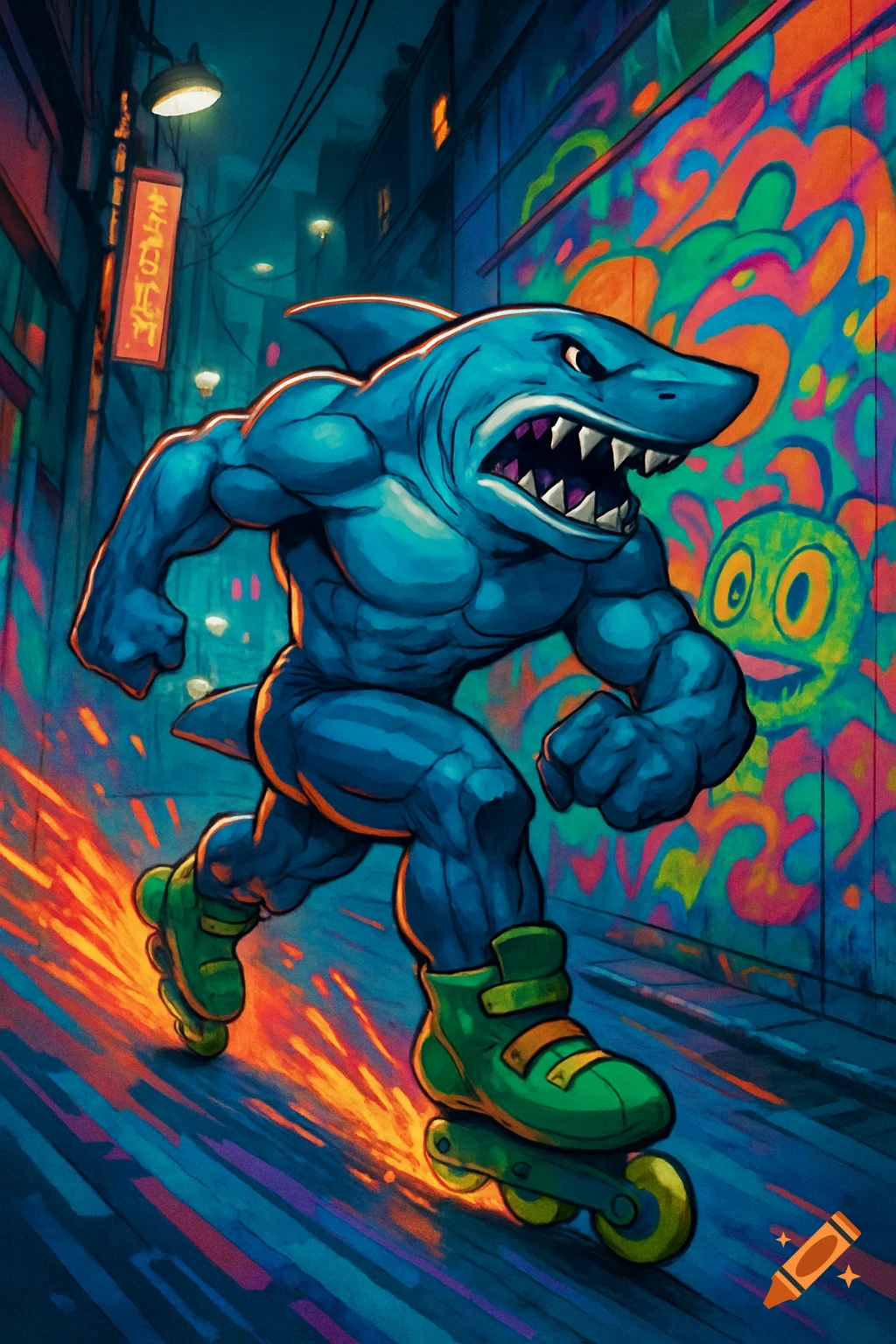 Muscular shark rollerblades through a vibrant, graffiti-filled Tokyo alley at night, sparks flying from its skates.