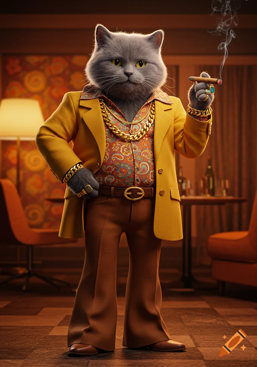 Photorealistic image of a stylish anthropomorphic grey cat in a yellow 70s suit, paisley shirt, gold chains, and bell-bottoms, holding a lit cigar.