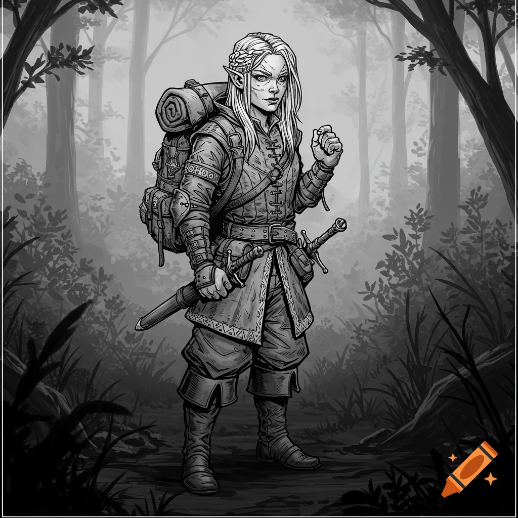 Black and white D&D style illustration of an armored female elf adventurer with a sword and backpack in a forest.