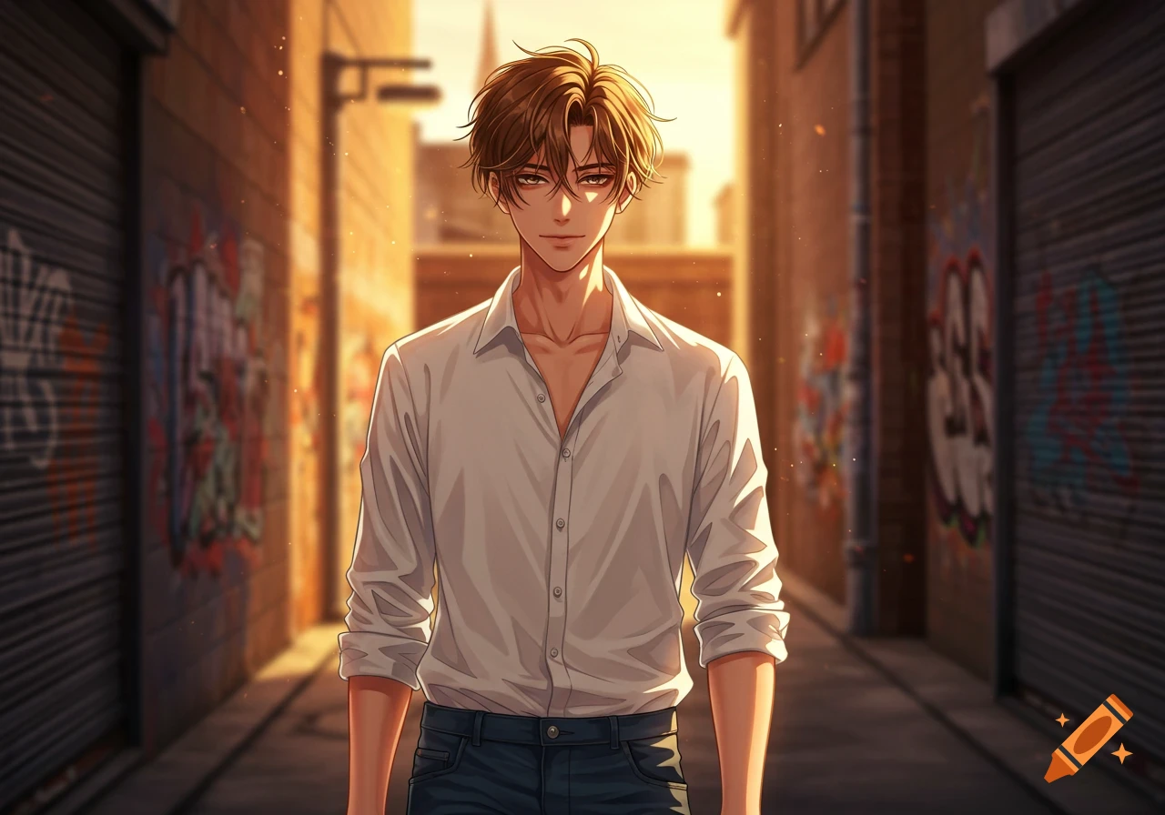 An anime man with light brown hair, a white buttoned shirt, and jeans stands in a sunlit urban alleyway with graffiti.