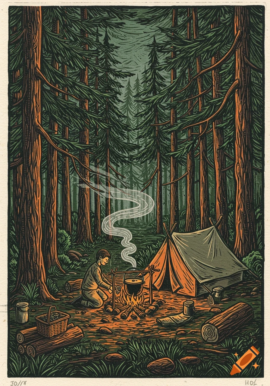 Linocut illustration of a person cooking over a campfire next to a tent in a dense forest.