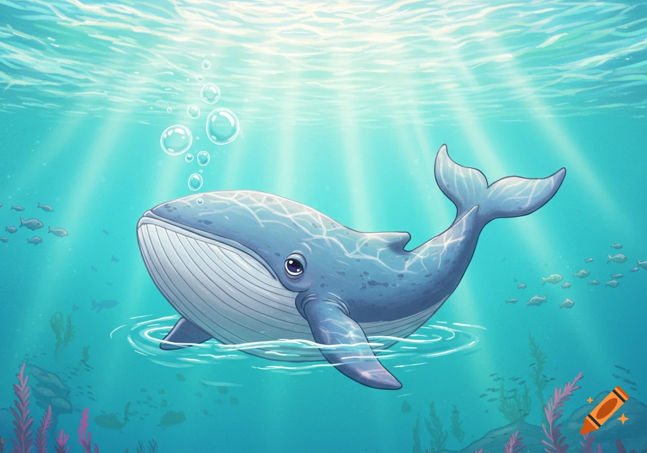 A friendly blue cartoon whale swims underwater amidst small fish and coral,  with sun rays piercing through the water. on Craiyon, image size:1280x896