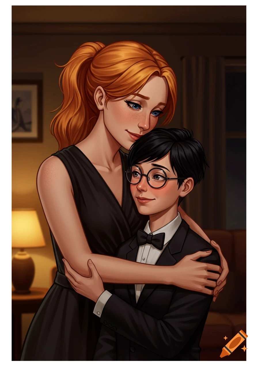 Digital illustration of a redhead woman in a black dress embracing a child with black hair and glasses, both smiling.