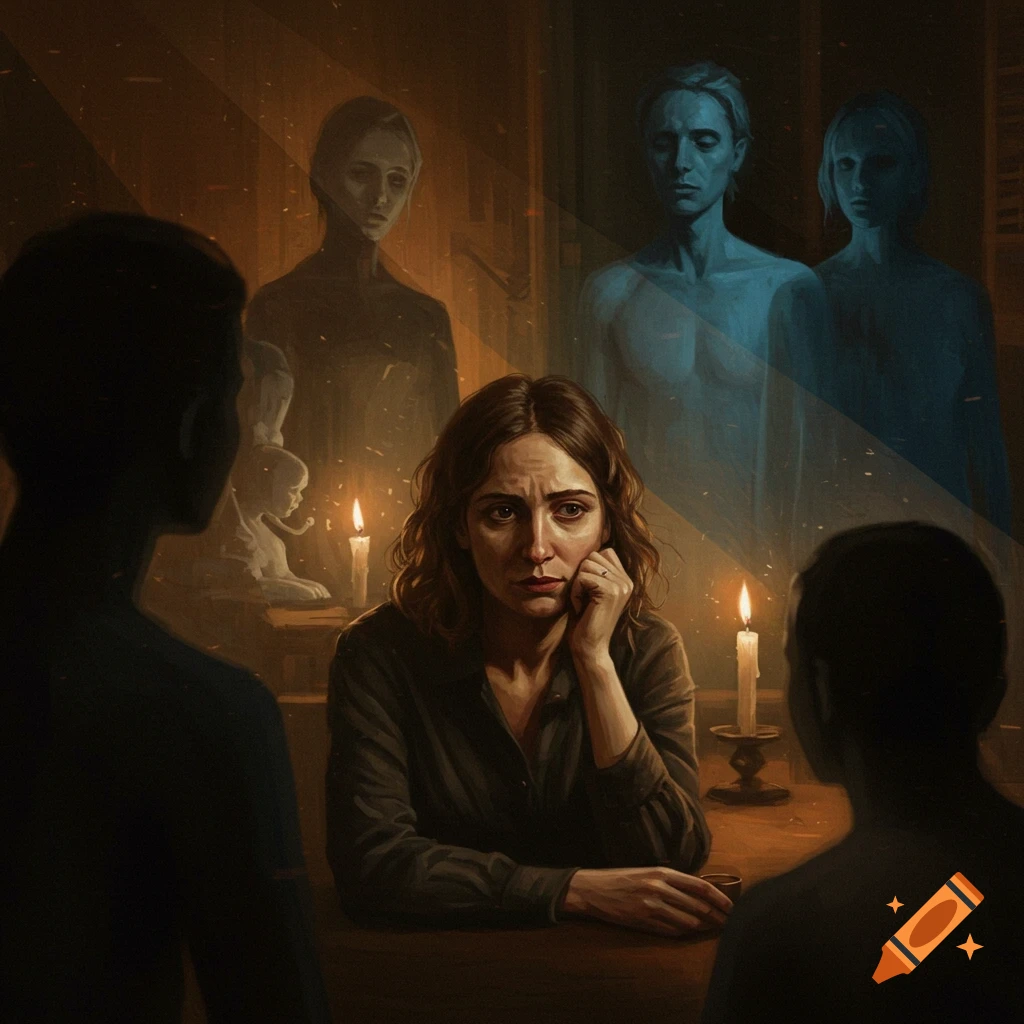 A distressed woman sits at a table with candles, surrounded by blurred shadowy figures and ghostly apparitions in a chiaroscuro oil painting.