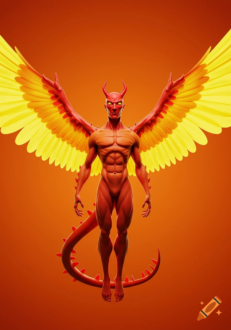 A muscular red demon with horns, yellow eyes, large yellow wings, and a spiked tail, floating against an orange background.