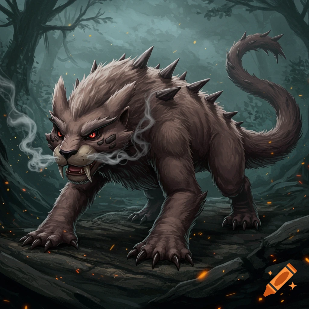 A formidable, spiked brown Furrogon creature with glowing red eyes and fangs, emitting smoke, in a dark forest digital art.