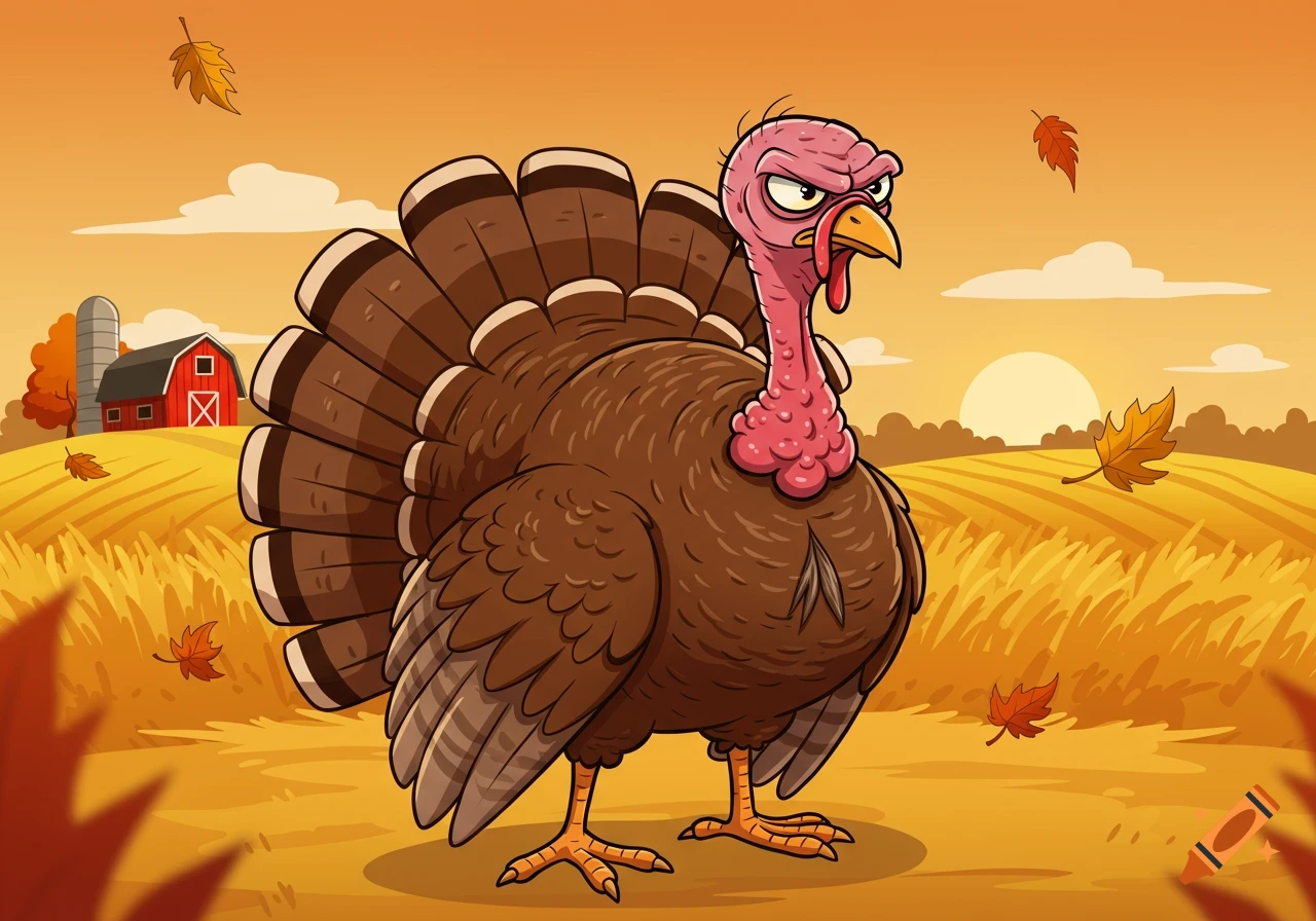 Cartoon of a mad, wrinkled turkey standing in an autumn farm field at sunset with falling leaves.