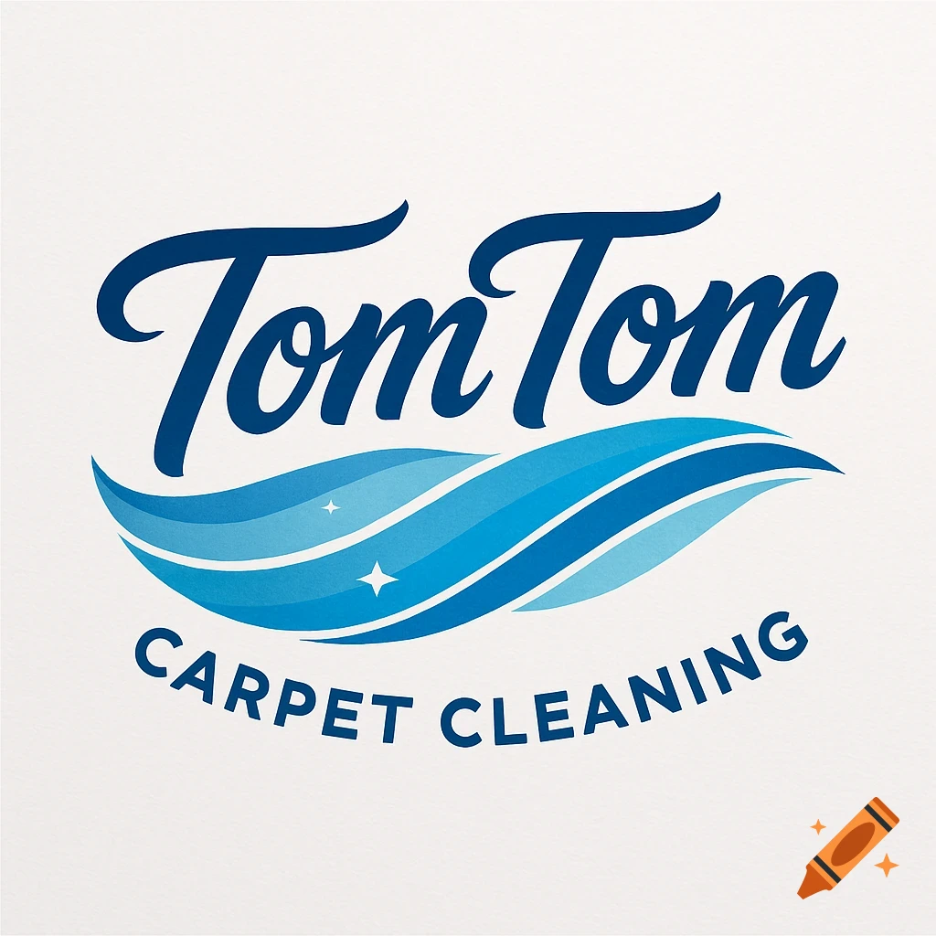 A blue logo for Tom Tom Carpet Cleaning, featuring stylized waves and sparkling stars below the company name.