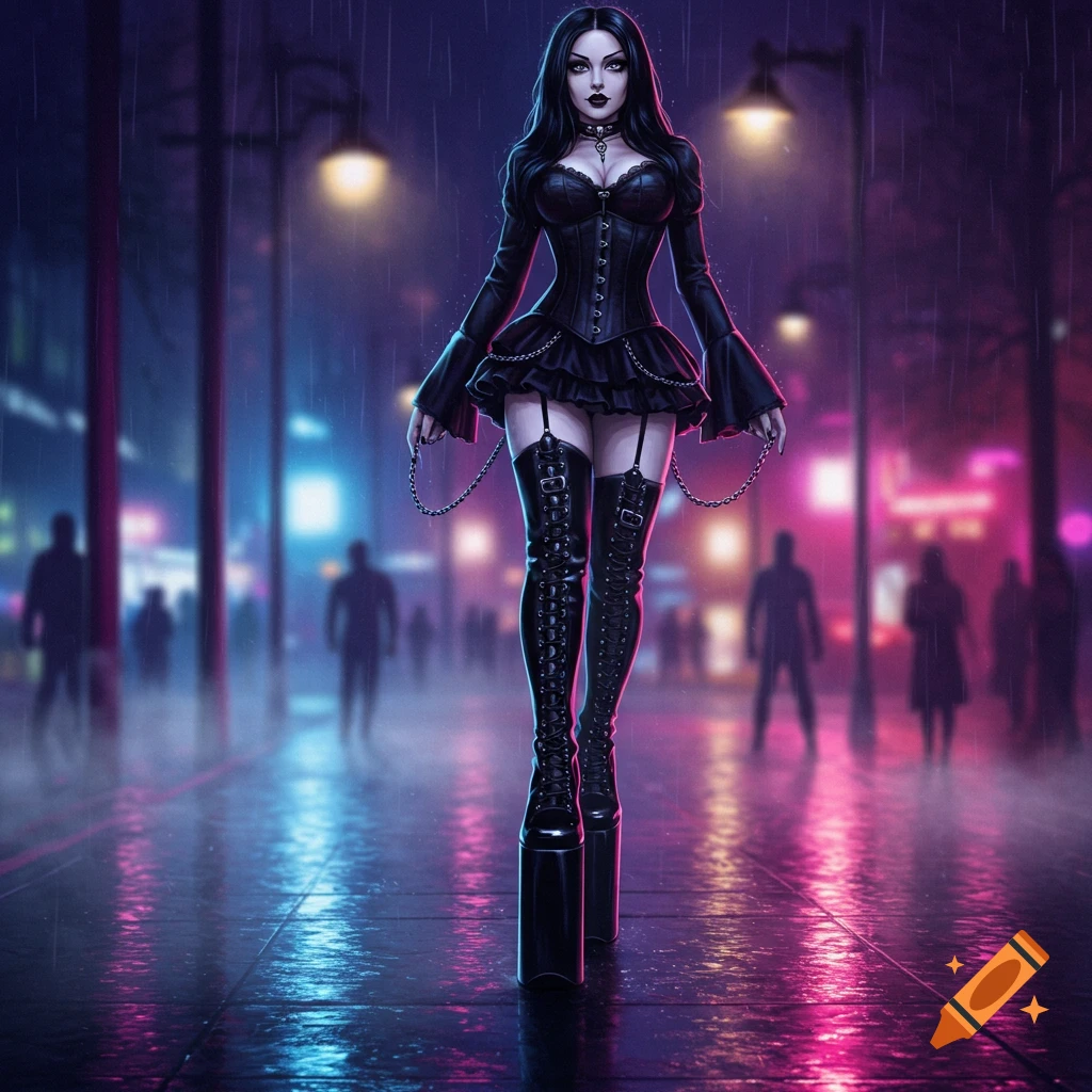 Stylized digital art of a goth woman in black corset, short skirt, and high platform boots walking on a rainy, neon-lit city street at night.