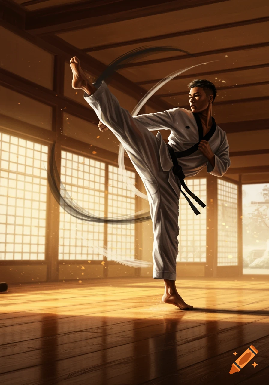 A martial artist in a white taekwondo uniform and black belt performs a high kick in a sunlit dojo, in a digital art style.