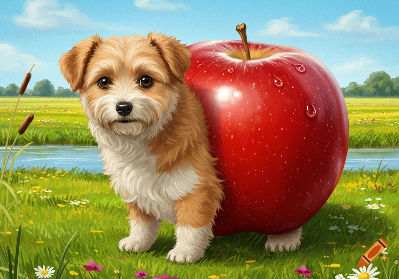 A cute fluffy brown and white puppy stands next to a giant red apple with water droplets, in a vibrant green field by a river under a blue sky.