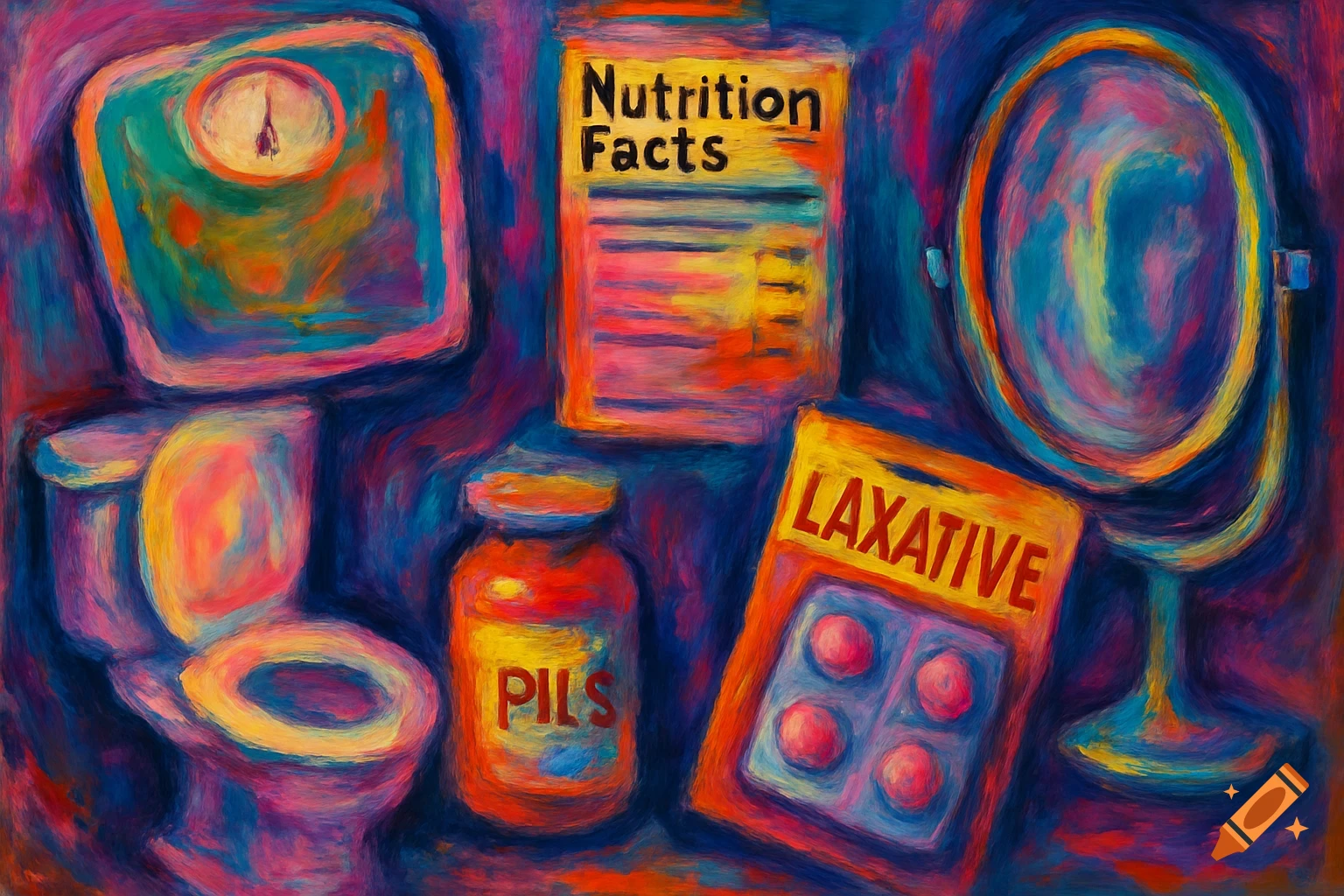 Vibrant oil painting of objects related to eating disorders including a scale, toilet, mirror, nutrition label, pill bottle, and laxatives.