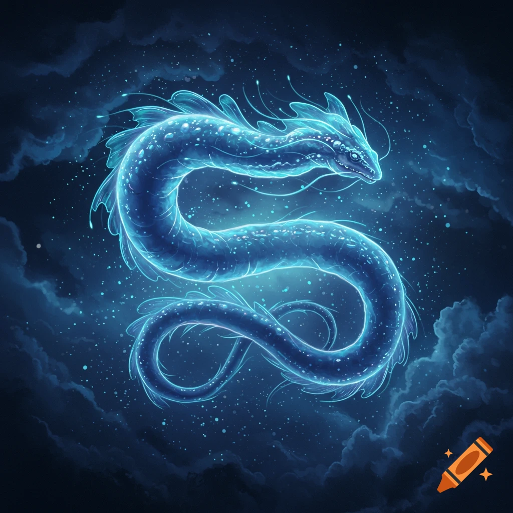 Ethereal glowing blue dragon against a dark, starry, cloudy sky, with glowing particles around it.