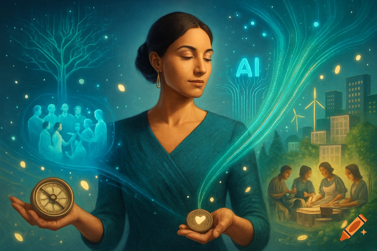 A woman holds a compass and a heart-emblazoned coin, surrounded by glowing digital streams connecting to a tree, people, cities, and wind turbines. 'AI' text is visible.