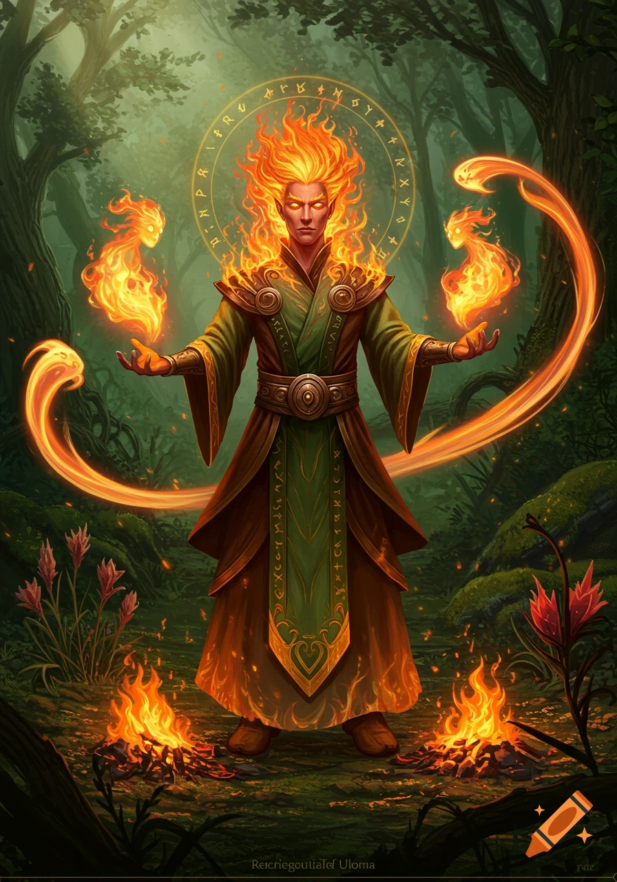 A male wildfire druid, wreathed in fire and surrounded by fire spirits, stands in a mystical forest. Stylized, vibrant art.