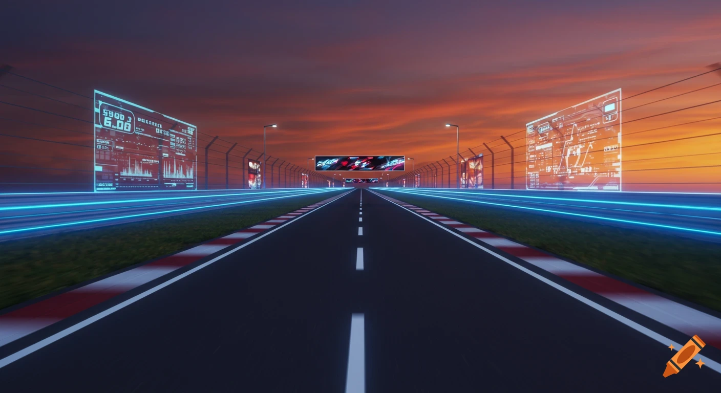 A futuristic race track at sunset with glowing blue lines and large transparent screens displaying data on the sides.