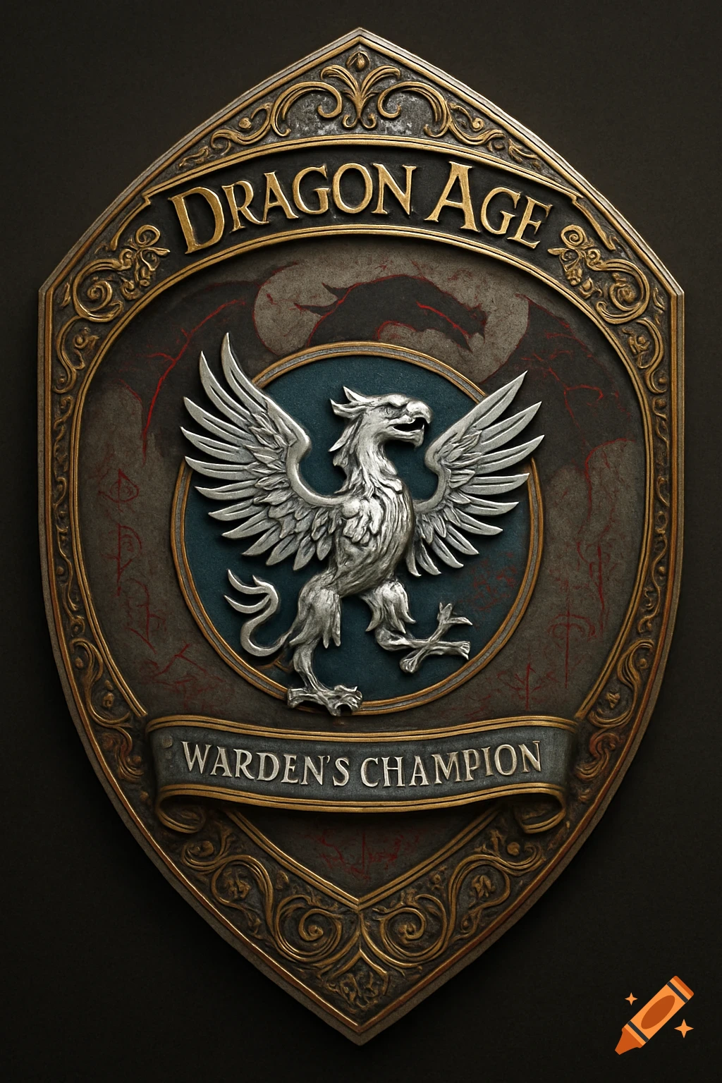 An ornate medieval fantasy shield with golden 'DRAGON AGE' text, a silver griffon, a faint dragon silhouette, and 'WARDEN'S CHAMPION' on weathered steel with gold filigree.