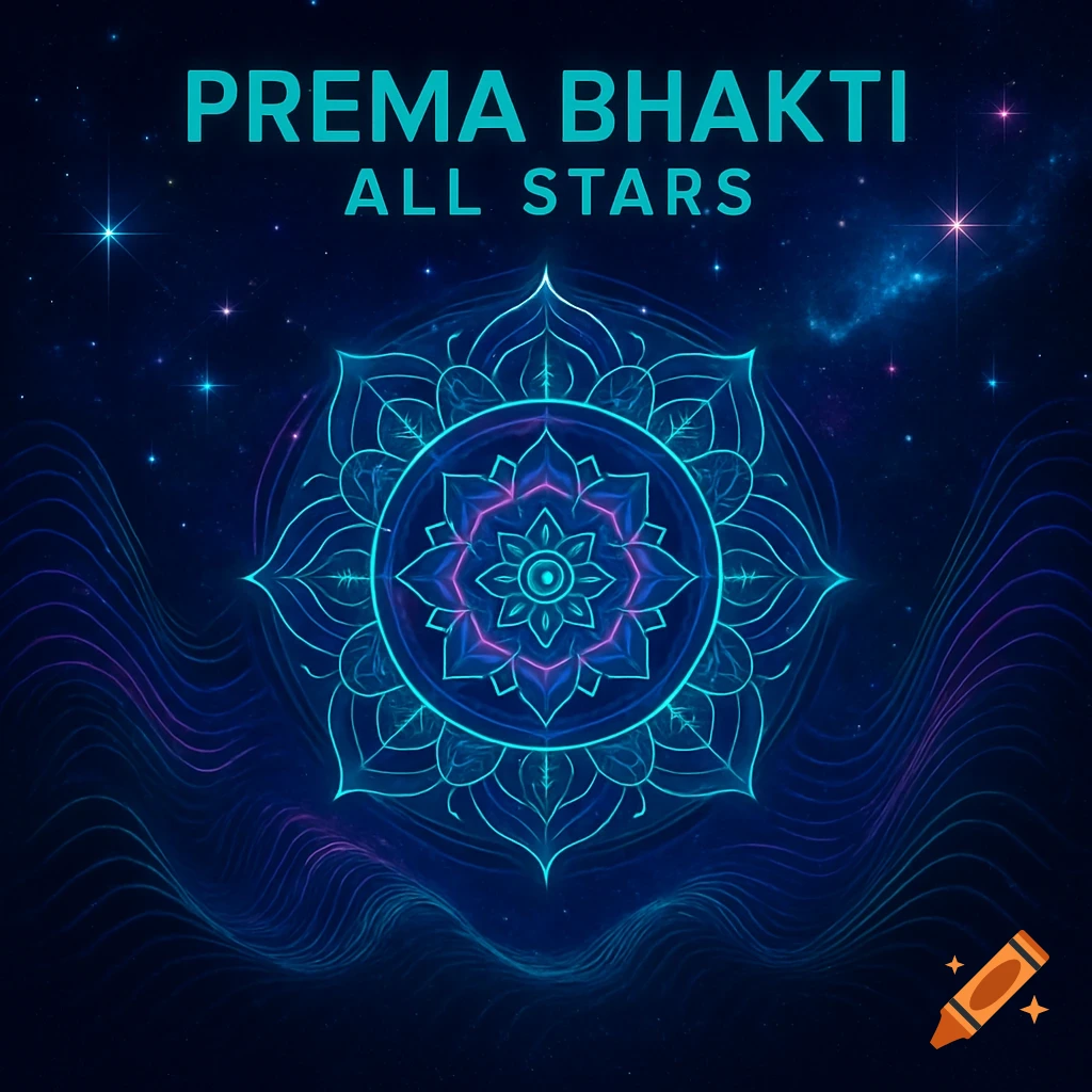 A cosmic album cover with 'PREMA BHAKTI ALL STARS' text above a glowing blue and purple mandala on a starry background.