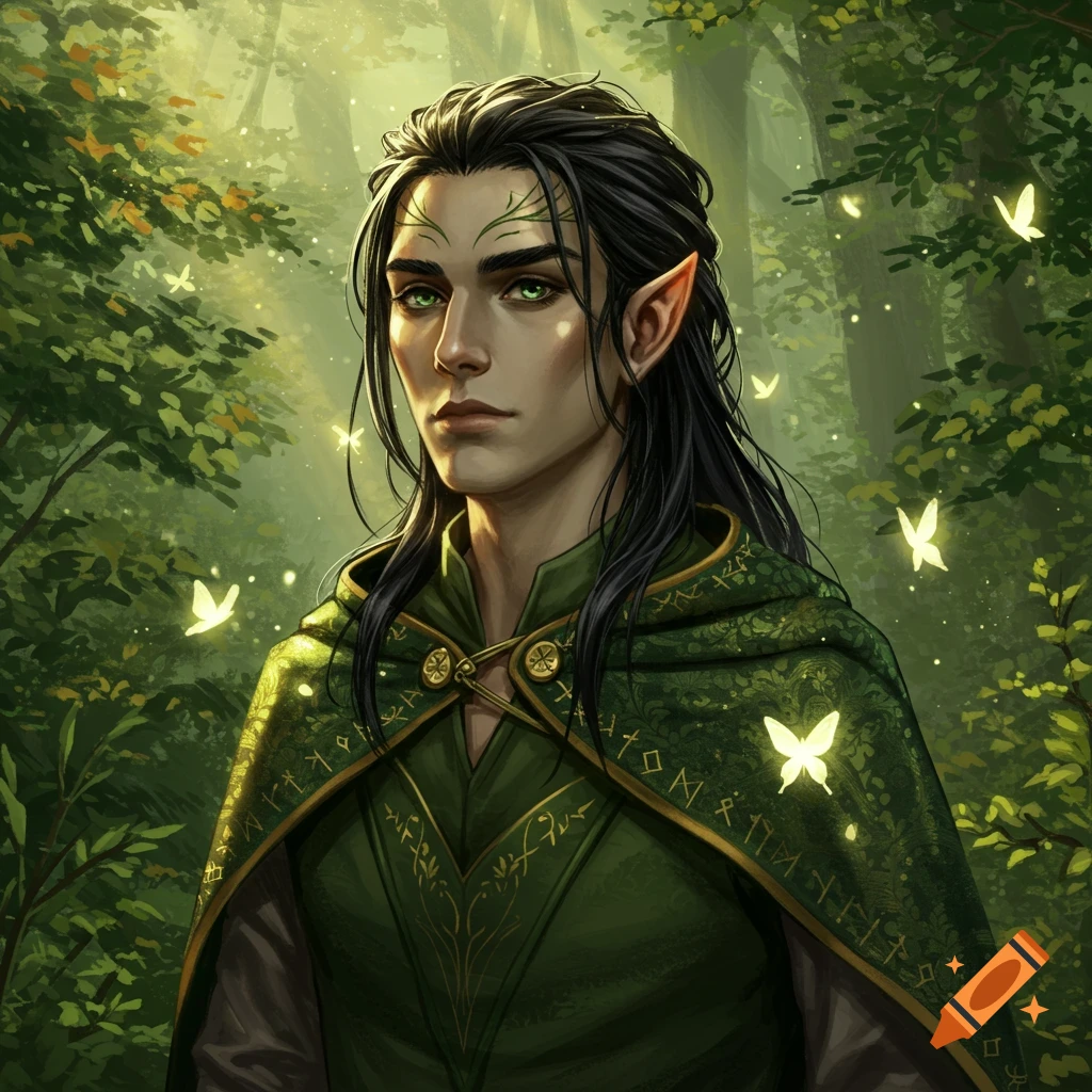 Digital painting of a male elf with black hair, green eyes, and pointed ears, in an ornate green cloak in a sunlit forest with glowing butterflies.