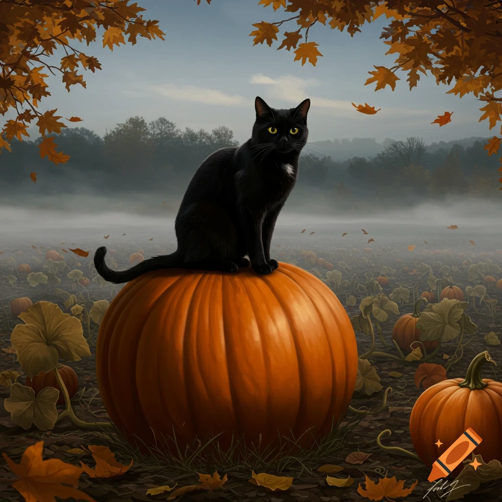 A black cat with yellow eyes sits on a large orange pumpkin in a foggy autumn field under trees with golden leaves.