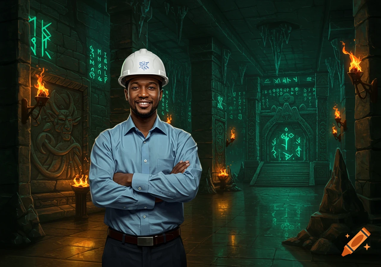 A smiling building engineer in a hard hat and blue shirt stands with crossed arms in a dark, glowing fantasy dungeon.