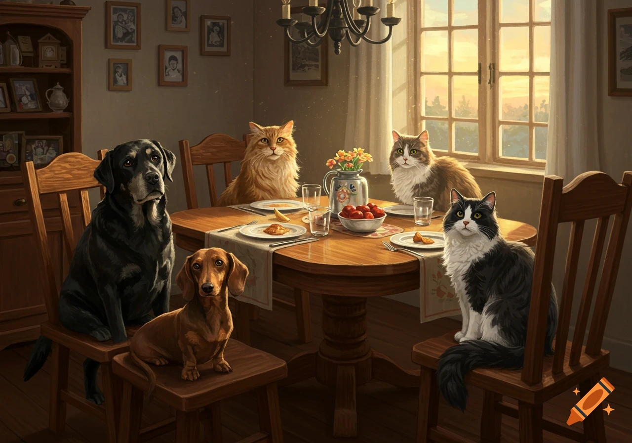 Five pets – a black lab, dachshund, and three cats – sit around a dining table in a cozy room, lit by a sunset through a window.