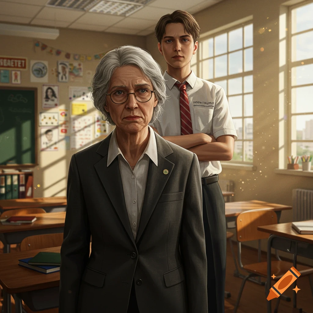 A stern older female teacher in a suit stands in the foreground, with a serious male student in a uniform behind her in a sunlit classroom.