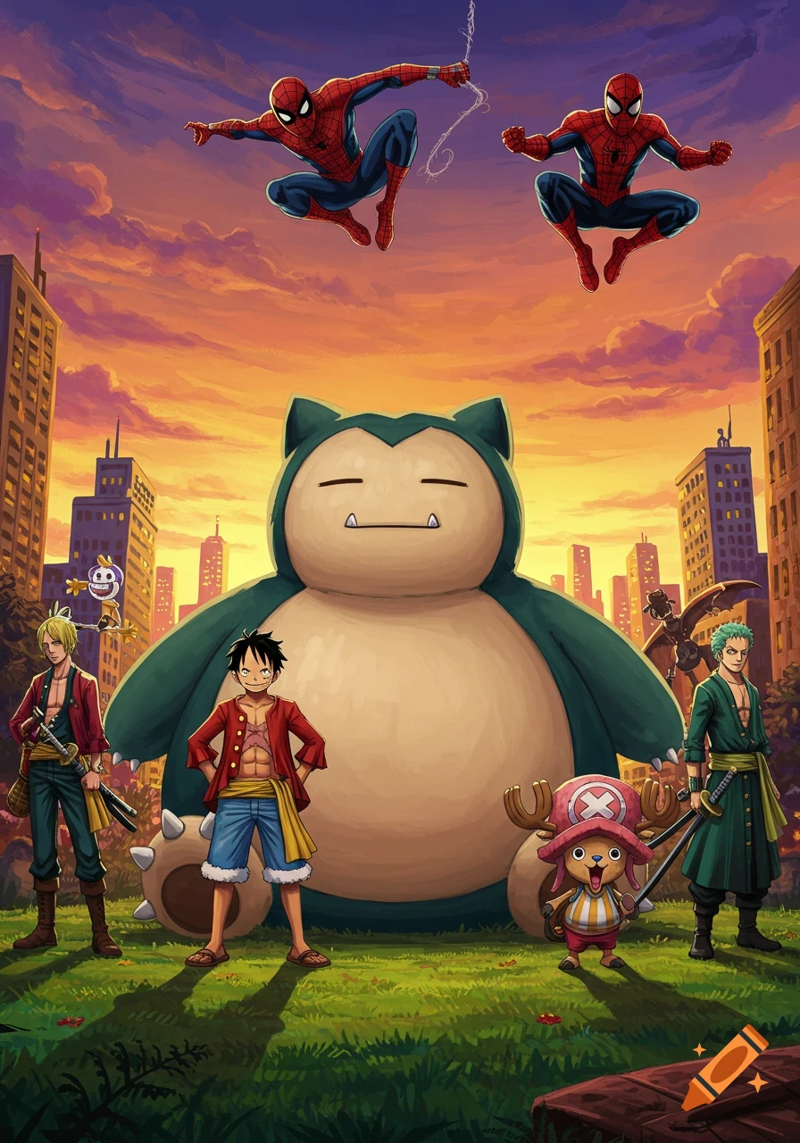 An anime-style crossover illustration features a giant Snorlax in a city, with Monkey D. Luffy, Zoro, Chopper, and Sanji from One Piece on the ground, and two Spider-Men swinging above in an orange sunset sky.
