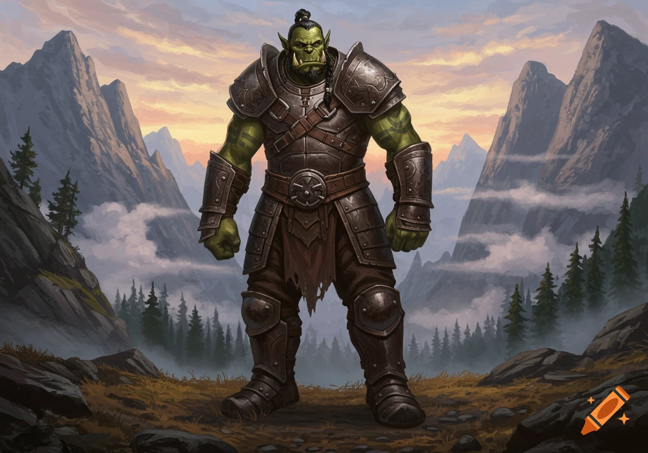 A powerful green orc warrior with a metal jaw and armor stands in a misty mountain landscape at sunset.