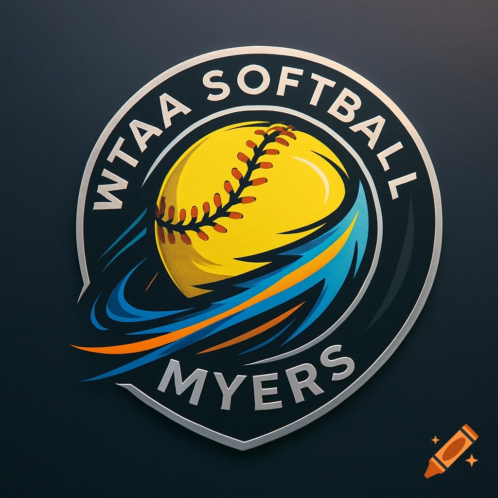 A softball team logo with a yellow softball, blue and orange swooshes, and text 'WTAA SOFTBALL MYERS' on a dark background.