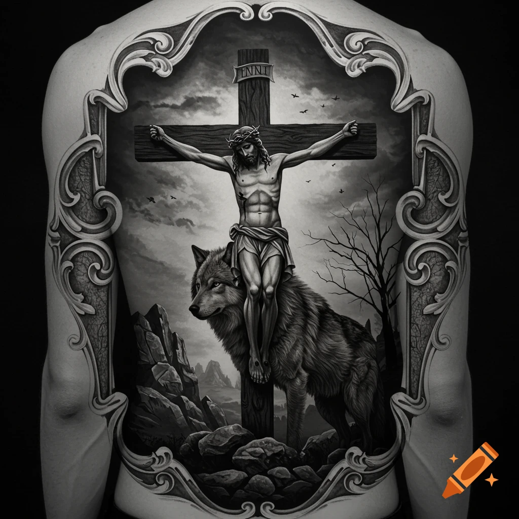 Black and white realistic tattoo on a person's back showing Jesus on the cross with a wolf at its base, set against a dark, stormy landscape.