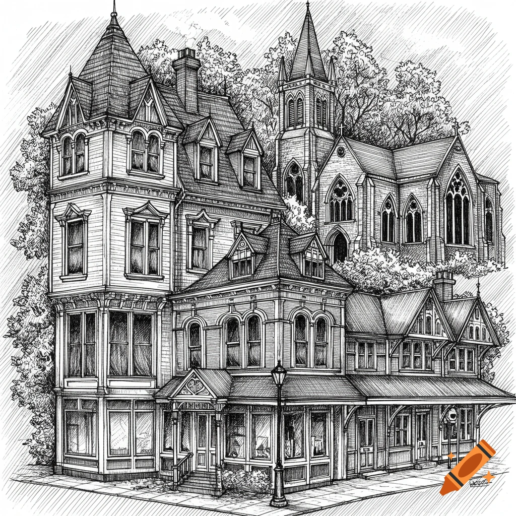 Detailed black and white architectural pen and ink sketch of Victorian buildings, including a house, shop, and church with a spire, surrounded by trees.