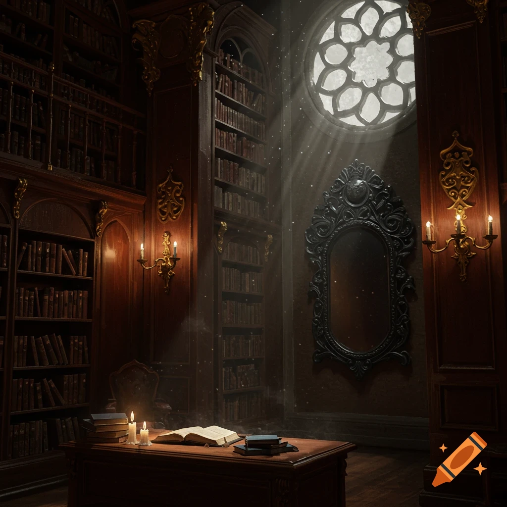 An ornate, dimly lit fantasy library. Sunbeams stream through a round window, illuminating a desk with an open book and candles.