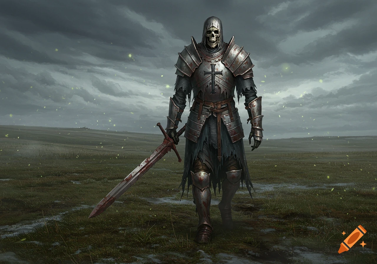 A skeleton in worn platemail armor with a bloody longsword walks across a desolate, cloudy moor.