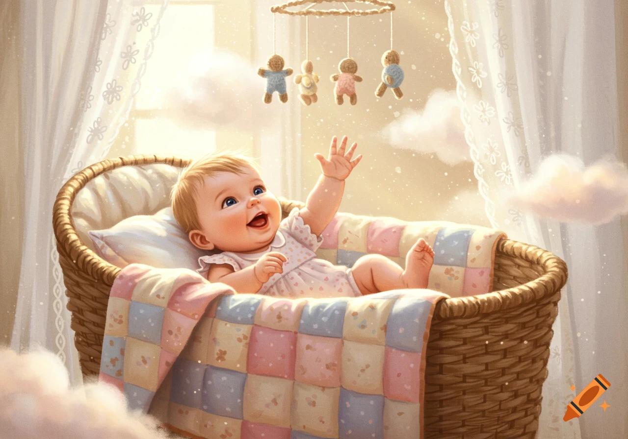 A smiling baby girl in a bassinet, reaching up towards a mobile with knit toys, bathed in soft, warm light.