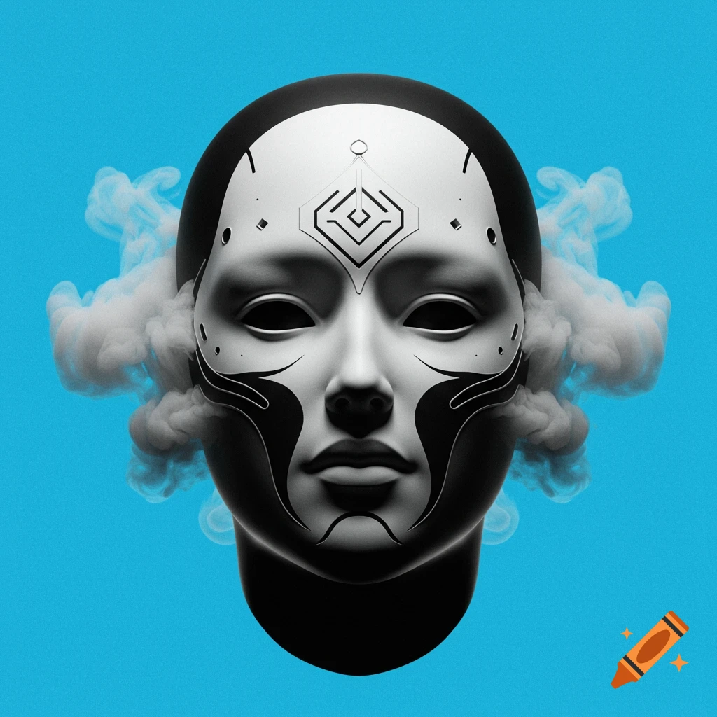 A minimalist, black and white faceless mask-like head with geometric detailing and smoke wisps against a vivid blue background, digital art.