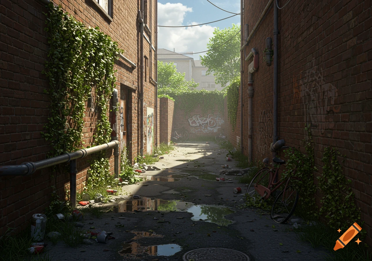 Photorealistic image of a rundown, overgrown alleyway with brick walls, puddles, trash, pipes, and graffiti under a sunny sky.