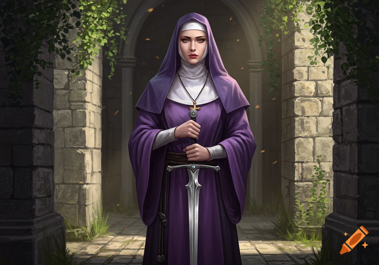 A serious nun in purple robes stands holding a large sword in a stone archway with green vines.