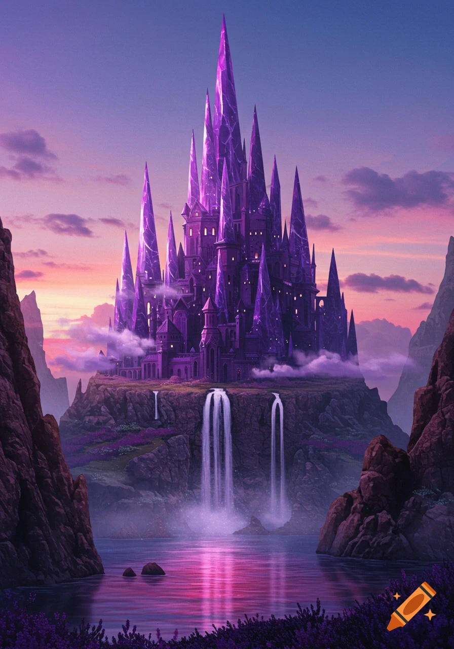 A majestic spiky purple crystal castle sits atop a rocky island, with waterfalls cascading into a glowing purple lake at sunset.