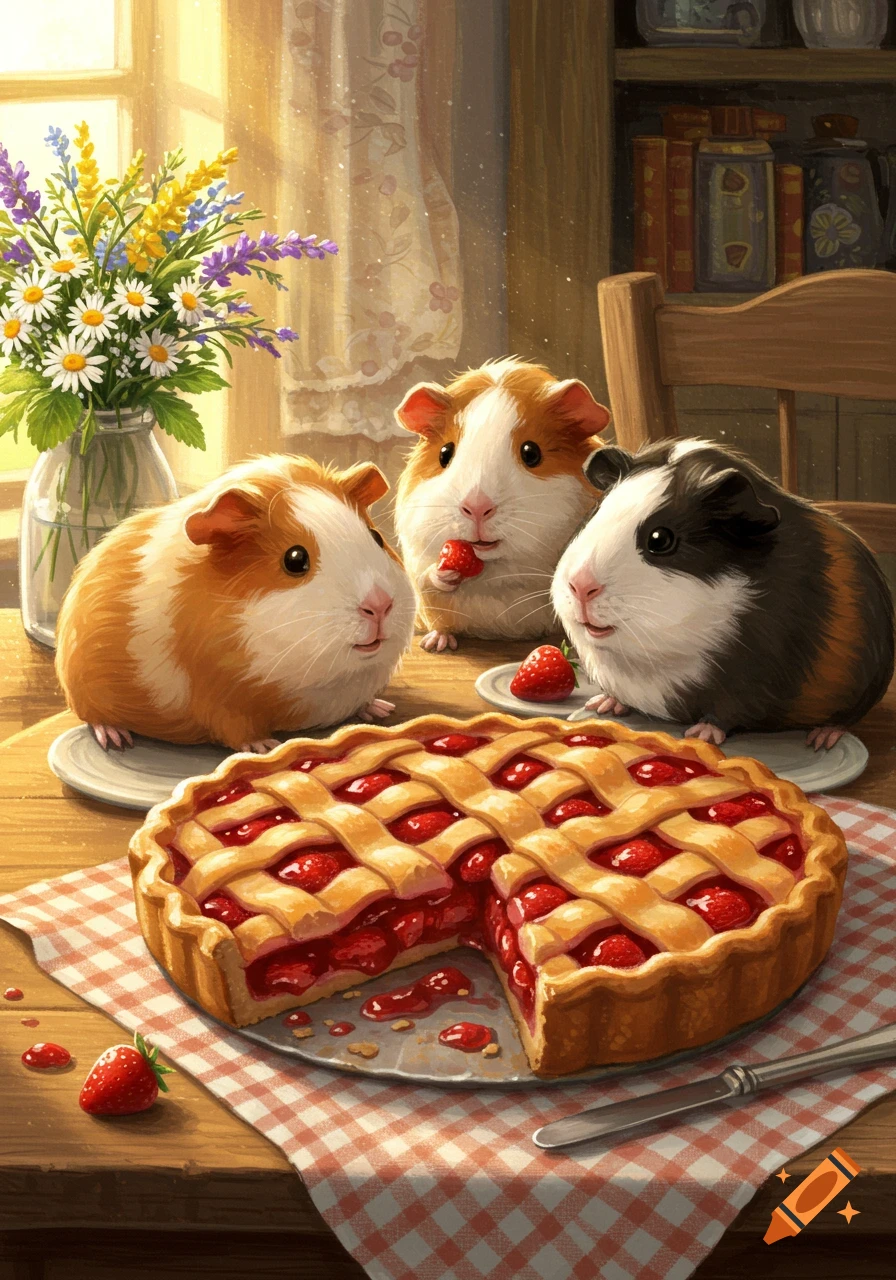 Three guinea pigs gather around a strawberry pie on a wooden table, one holding a berry, in a warm, cozy illustration.