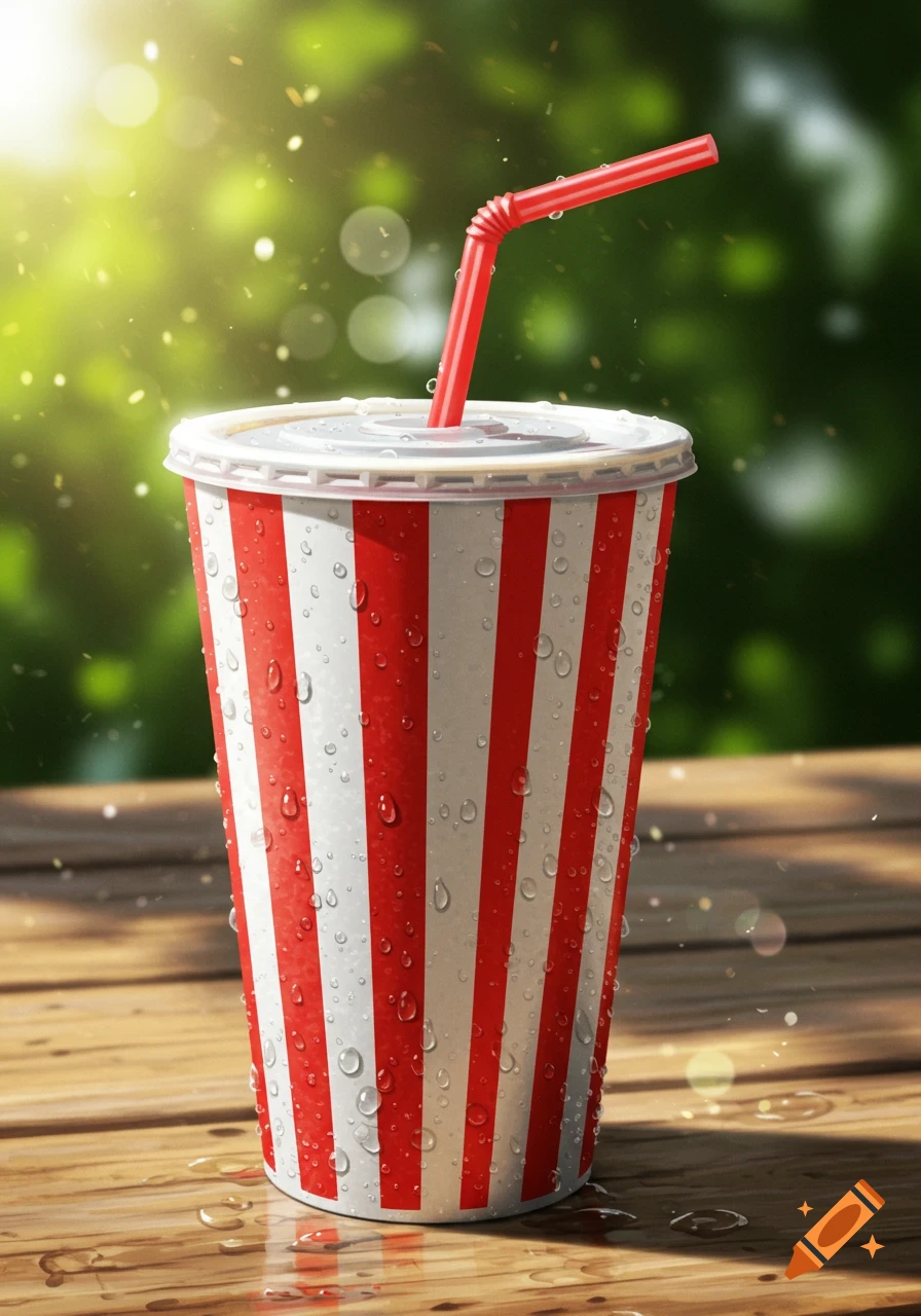A refreshing red and white striped soda cup with a red straw, covered in condensation, sits on a wooden table with a blurred green outdoor background.