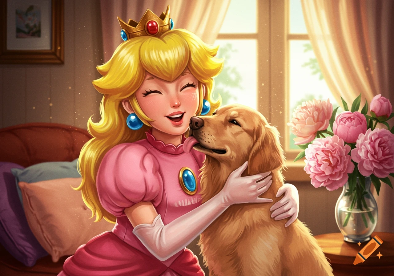 Princess Peach joyfully hugs a Golden Retriever, which licks her face, in a brightly lit room with pink flowers.