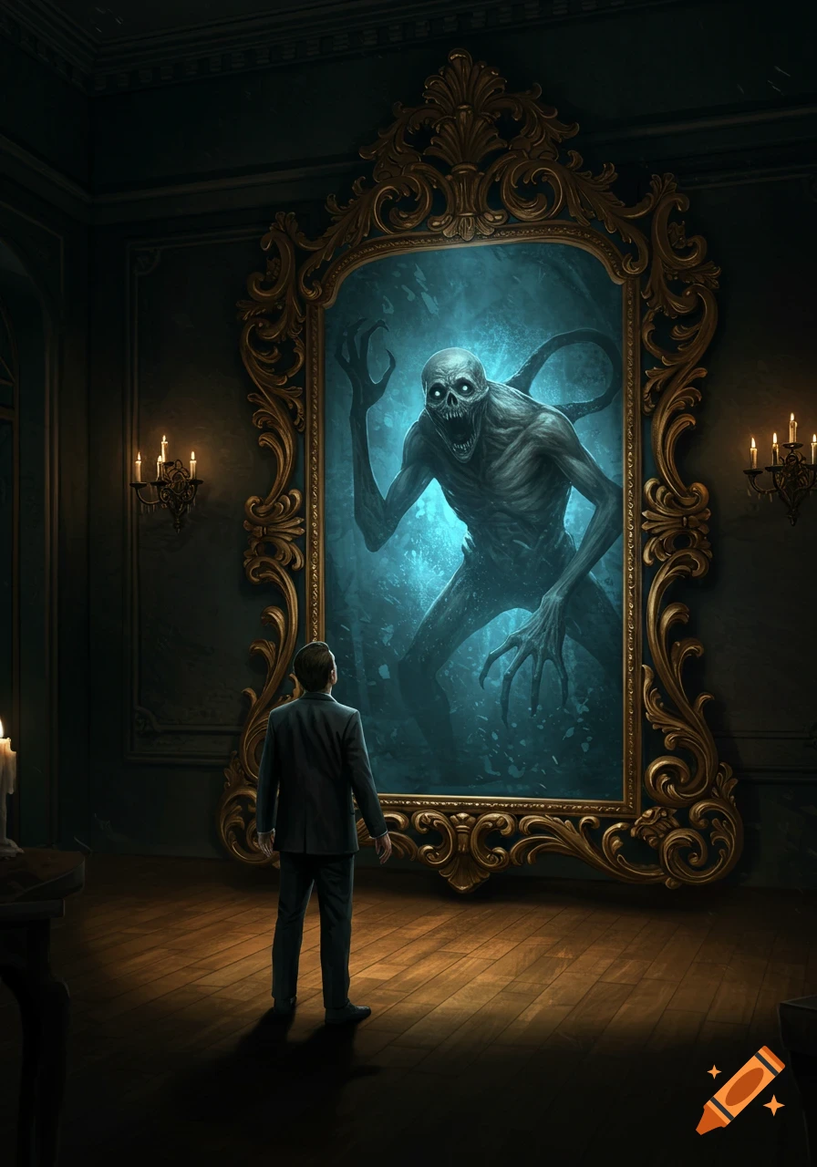 A man in a dark, ornate room gazes at a grotesque, skeletal monster with glowing eyes reflected in a large golden mirror.