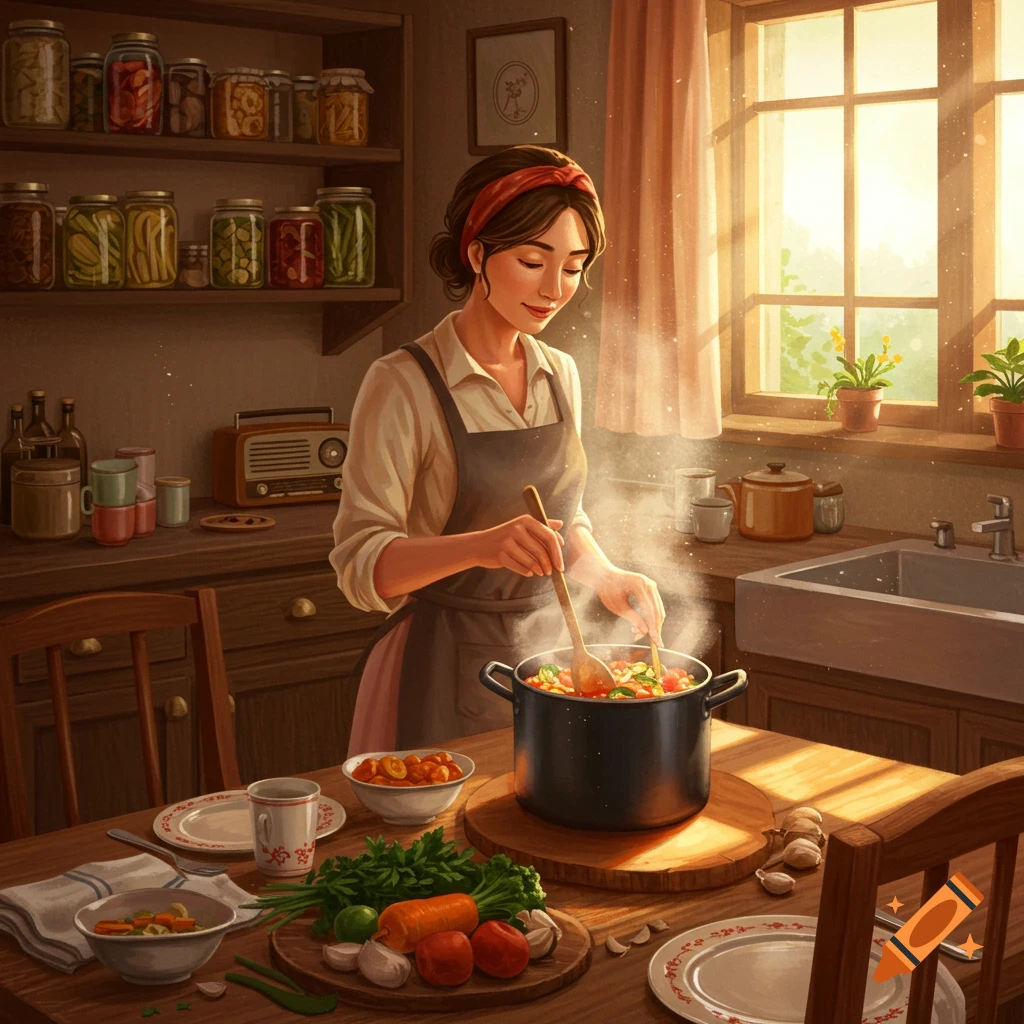 A woman in an apron stirs a steaming pot of vegetable stew in a cozy, sunlit kitchen, with fresh vegetables on the table.